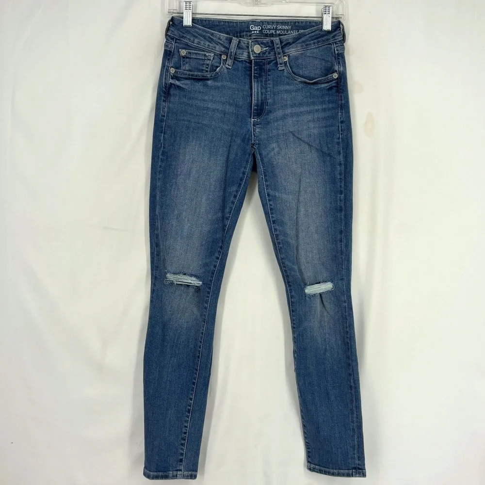 Gap Womens Size 2 Curvy Skinny Jeans Faded Blue Wash Five Pocket Distressed Knee - Picture 1 of 10